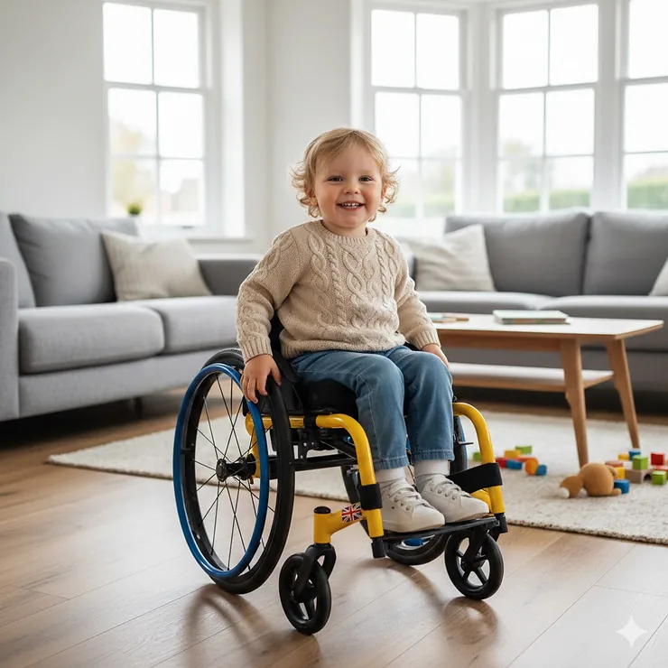 A young British child smiling while sitting in their first active manual wheelchair in a brightly lit UK living room. first wheelchair for toddler