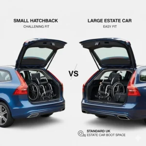 A side-by-side comparison showing a folding wheelchair fitting comfortably in a small hatchback boot versus a larger estate car.