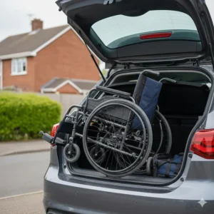 A 20 inch wide wheelchair being folded to fit into the boot of a British hatchback car.