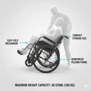 Diagram demonstrating the easy-fold mechanism and reinforced folding frame for compact storage of a heavy-duty wheelchair.
