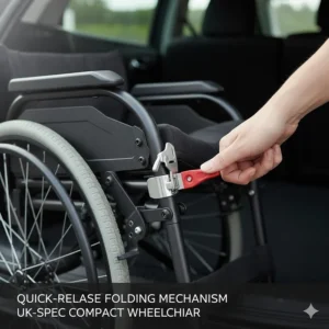 A close-up view of the quick-release folding mechanism on a compact wheelchair designed for easy storage in a vehicle.