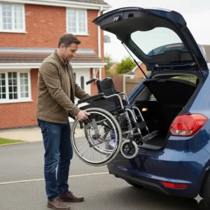 A lightweight transit wheelchair folded down and being placed into the boot of a compact British hatchback.
