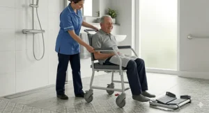 A carer in professional attire guiding an elderly user in a shower commode chair towards a walk-in shower area.