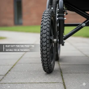 Illustration of heavy-duty, puncture-proof rear tyres suitable for a 25 stone capacity wheelchair on UK pavements.