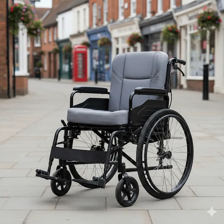 A high-quality heavy-duty manual wheelchair designed for a 30 stone user, featuring a reinforced steel frame and extra-wide padded seat on a British high street. wheelchair for 30 stone user