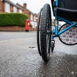 Illustration of durable all-weather tyres on a stylish junior wheelchair suitable for UK pavements.