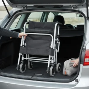 A compact transit chair for hospital visits folded down to a small size for easy storage in a car boot.