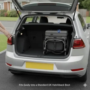 A folded lightweight travel wheelchair fitting comfortably into the boot of a standard silver UK hatchback car.
