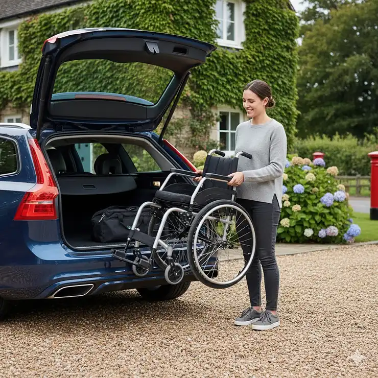 A lightweight folding wheelchair being easily lifted into the boot of a dark blue estate car parked on a gravel driveway in front of a British home. folding wheelchair for small car boot