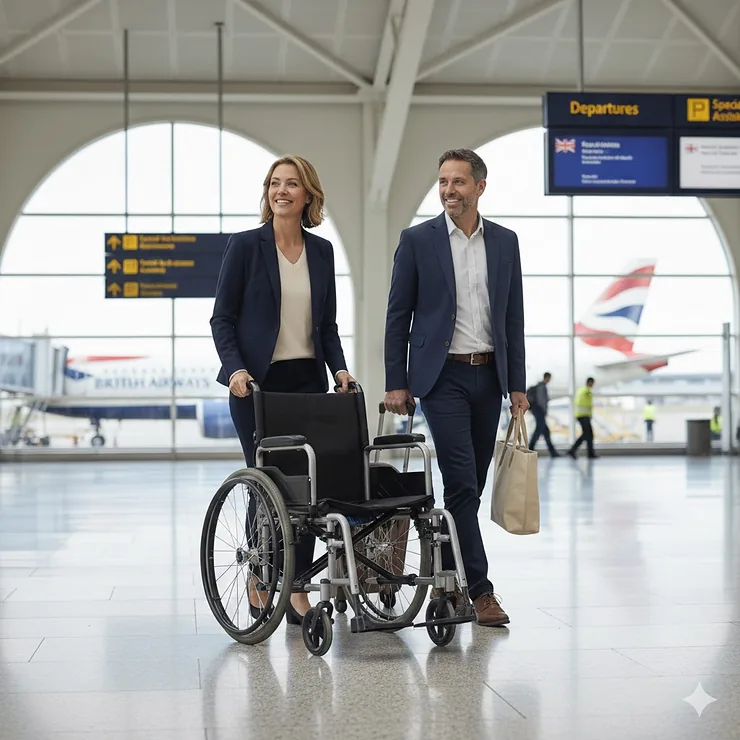 A person using a compact, lightweight wheelchair that meets UK airline regulations while boarding an aeroplane at a British airport terminal. lightweight wheelchair meets airline regulations