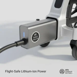 A close-up of a flight-safe lithium-ion battery pack on a powerchair with a UK Airline Approved safety certification mark.