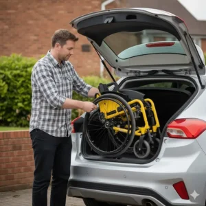 A parent folding a compact paediatric wheelchair to fit into the boot of a standard UK family hatchback.