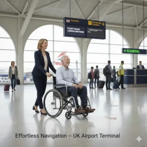 A lightweight wheelchair being easily manoeuvred through a busy UK airport terminal gate toward a boarding area.