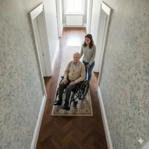Top-down view of a slim transit wheelchair easily navigating a tight turn in a narrow Victorian-style hallway.