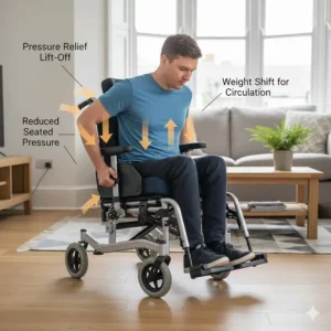 A healthcare professional in a clinical setting assisting a senior patient in a wheelchair that meets NHS standards for pressure ulcer prevention.