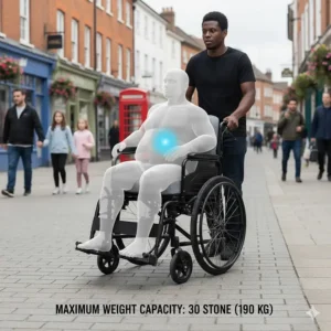 A 30 stone capacity wheelchair being used on a traditional British paved street, demonstrating outdoor manoeuvrability and attendant support.