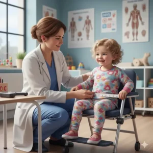 A paediatric occupational therapist measuring a toddler for their first wheelchair during an NHS clinic appointment.