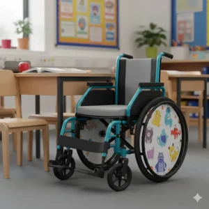 Close-up of a stylish junior wheelchair tucked neatly under a standard UK school desk.