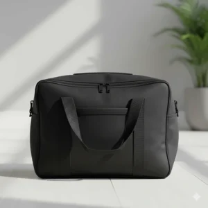 A compact portable wheelchair folded and tucked away inside a black padded storage bag with carry handles for easy transport.