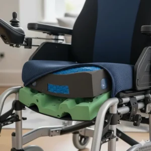 An anatomical overlay of a person seated in a wheelchair, demonstrating optimal postural alignment and spinal support to reduce the risk of skin breakdown.
