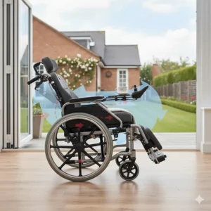 Illustration showing the recline feature of a wheelchair helping with circulation and pressure management through adjusted seating angles.