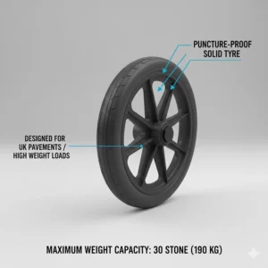 Close-up of durable, puncture-proof solid tyres specifically engineered for UK pavements and high weight loads.