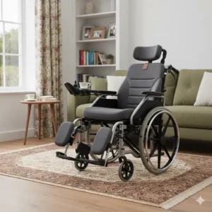 A compact reclining wheelchair with elevating legrests positioned naturally in a typical British living room setting.