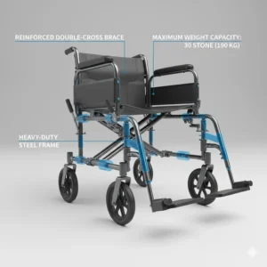 Technical diagram highlighting the reinforced double-cross brace chassis designed for a maximum weight capacity of 30 stone or 190 kg.