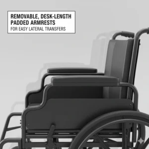 Side view illustration of removable, desk-length padded armrests on a bariatric wheelchair for easy lateral transfers.