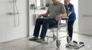 A senior man being wheeled in a rust-proof aluminium shower chair by a carer, showing the product in full use within a home care setting.