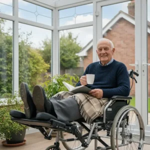 An elderly man sitting comfortably in a reclining wheelchair in a sunlit conservatory with legrests elevated to reduce swelling.