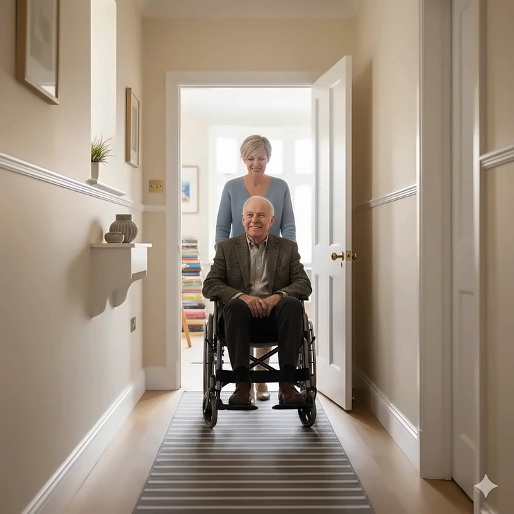 A slim transit wheelchair for narrow hallways being pushed through a compact corridor in a British semi-detached house. slim transit wheelchair for narrow hallways