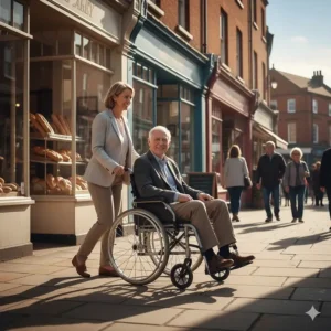 A person being pushed in a slim transit wheelchair along a British high street pavement near shop entrances.