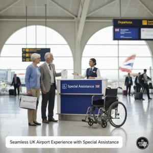 An elderly couple at a UK airport Special Assistance desk with a lightweight wheelchair ready for a seamless boarding experience.
