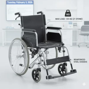 A technical illustration highlighting the reinforced steel frame and maximum weight capacity of a compact transit chair.