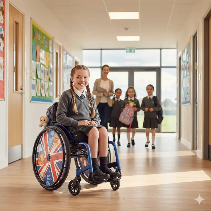 A smiling school-age child using a stylish junior wheelchair in a bright UK primary school corridor. stylish junior wheelchair for school age