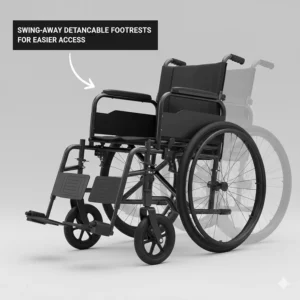 Illustration of swing-away, detachable footrests with large footplates for easier access to a heavy-duty wheelchair.