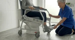 A carer kneeling to adjust the swing-away footrests for a user, ensuring correct posture and safety during transit.
