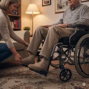 Illustration of swing-away footrests on a slim wheelchair, allowing for easier transfers in confined spaces.