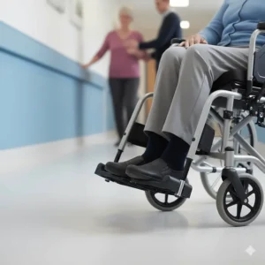 Detachable swing-away footrests on a compact transit chair to help patients safely transfer in and out.