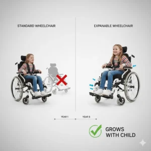 Close-up of telescopic footplates on a paediatric wheelchair that adjust to accommodate increasing leg length.