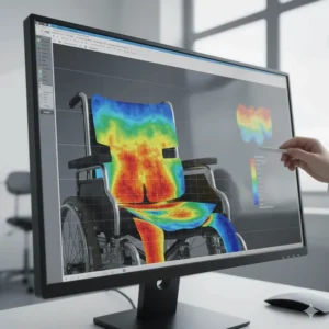 A photorealistic diagram of a tilt-in-space wheelchair mechanism, illustrating how the seat angle adjusts to redistribute weight for pressure relief.
