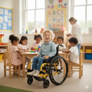 A toddler in a colourful wheelchair sitting at a low-level table in a UK nursery setting with other children.