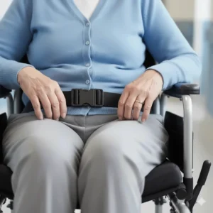 Adjustable lap belt and safety features on a compact transit chair intended for secure hospital visits.