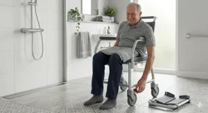 An elderly British man comfortably seated in a wheeled commode chair, demonstrating the hand-operated brake mechanism in a bathroom.