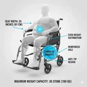 Illustration showing even weight distribution and the centre of gravity for a 30 stone wheelchair user to ensure stability and safety.