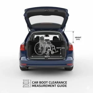 A technical illustration of a car boot with height and width measurement arrows to guide users on checking vehicle compatibility for wheelchairs.