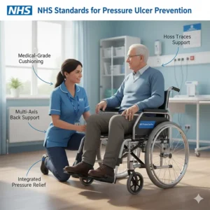 A high-quality featured hero image of a specialized wheelchair for preventing bed sores, positioned in a bright, modern British home with natural lighting.