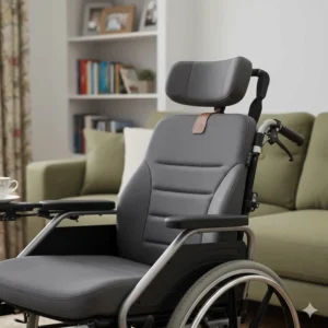 Detailed view of the padded headrest and ergonomic neck support on a reclining transit wheelchair for enhanced user comfort.