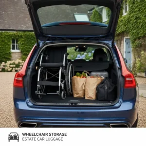 A folding wheelchair stored upright in an estate car boot alongside brown paper shopping bags and a suitcase, showing ample remaining space.